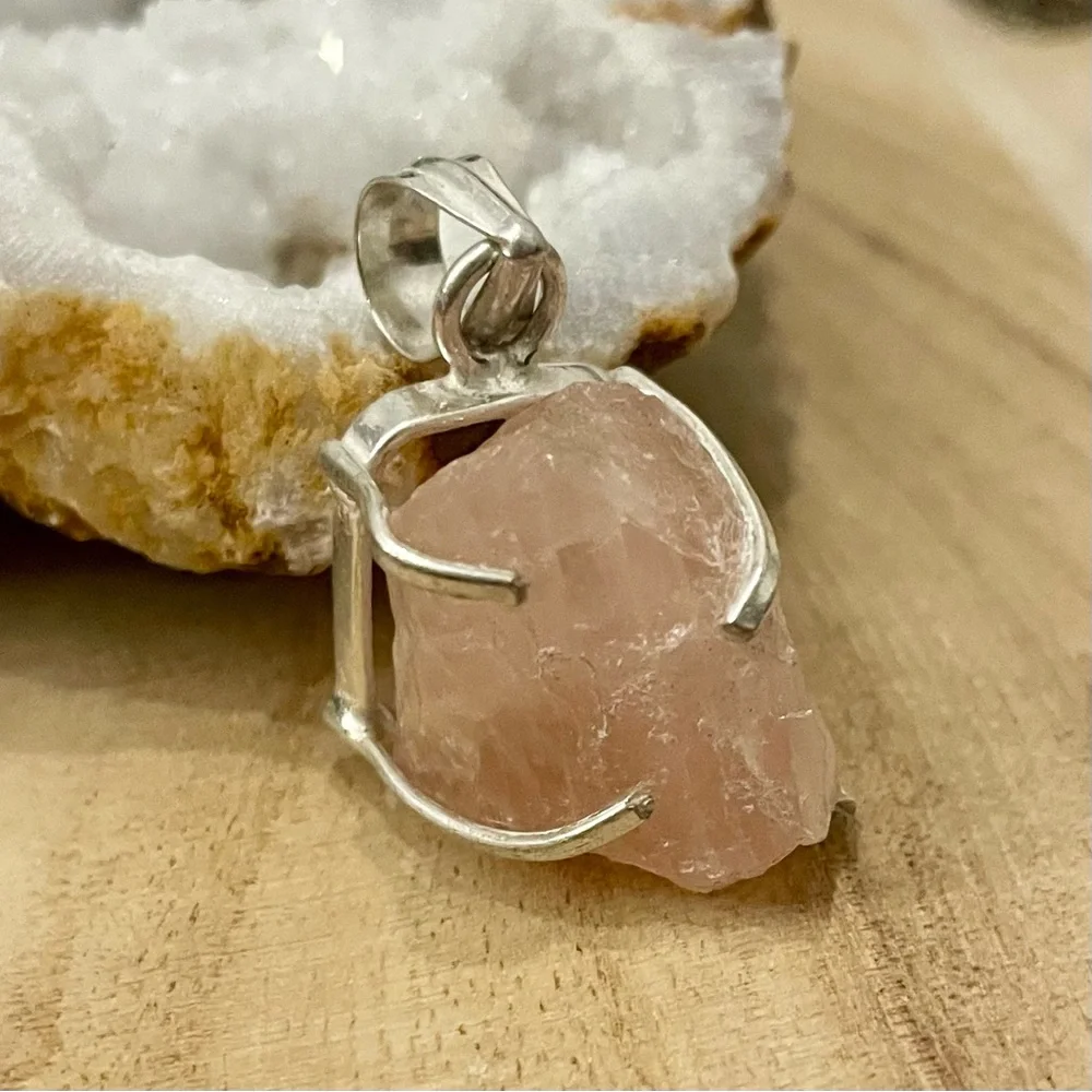 Pink Rose Quartz Sterling Silver Overlay Pendant 925